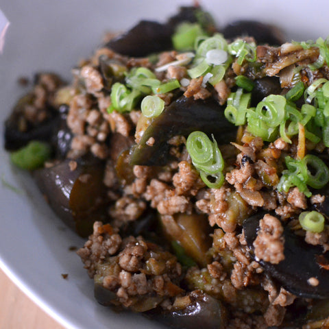Gingery Nasu + Pork Stir Fry